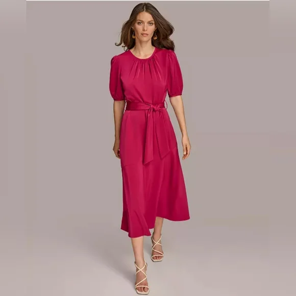 Donna Karan Fuchsia Midi Dress with Puff Sleeves - Picture 3 of 9